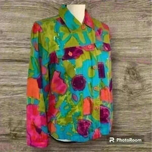 Choices Womens Jacket Sequin Green Fuchsia Multi Print Buttons Pockets Size XL